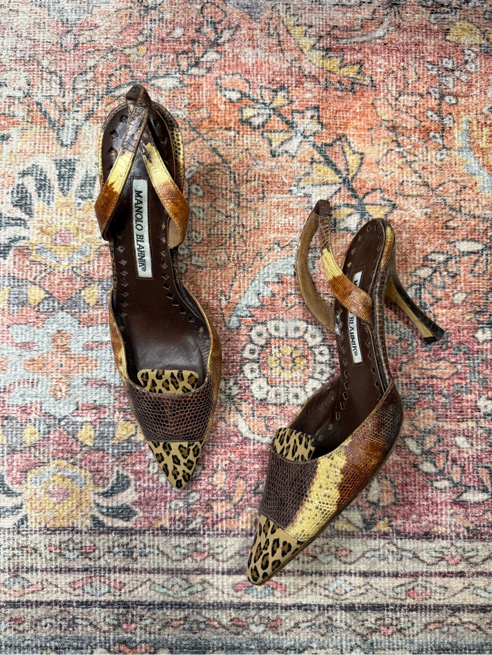 Y2K Manolo Blahnik Snakeskin & Leopard Print Slingback Pointed Toe Heels